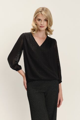 Greenpoint elegantní černá halenka s jemným potiskem a poloprůhlednými rukávy