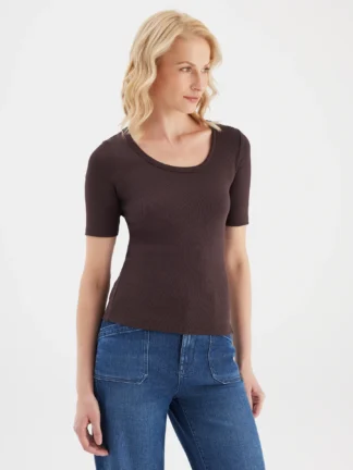 Dámské žebrované tričko krátký rukáv C.O.J. jeans Alina hnědá, bílá